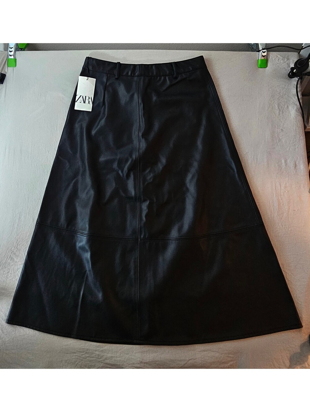 ZARA Women’s L Black Faux Leather A-Line Midi Skirt High Waist NWT